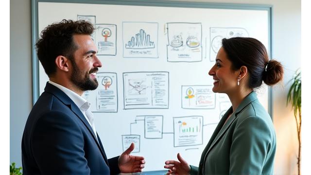 Dos fundadores de Senda Plena compartiendo ideas con entusiasmo frente a una pizarra, simbolizando el inicio de la plataforma en 2019.