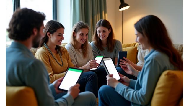 Un pequeño grupo de usuarios beta interactuando con la plataforma Senda Plena en sus teléfonos y tabletas, en un entorno de prueba en 2021.