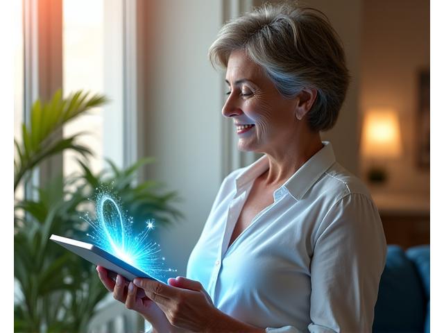 Representación de bienestar digital accesible, con una persona interactuando de forma serena con tecnología en un entorno natural y cálido.