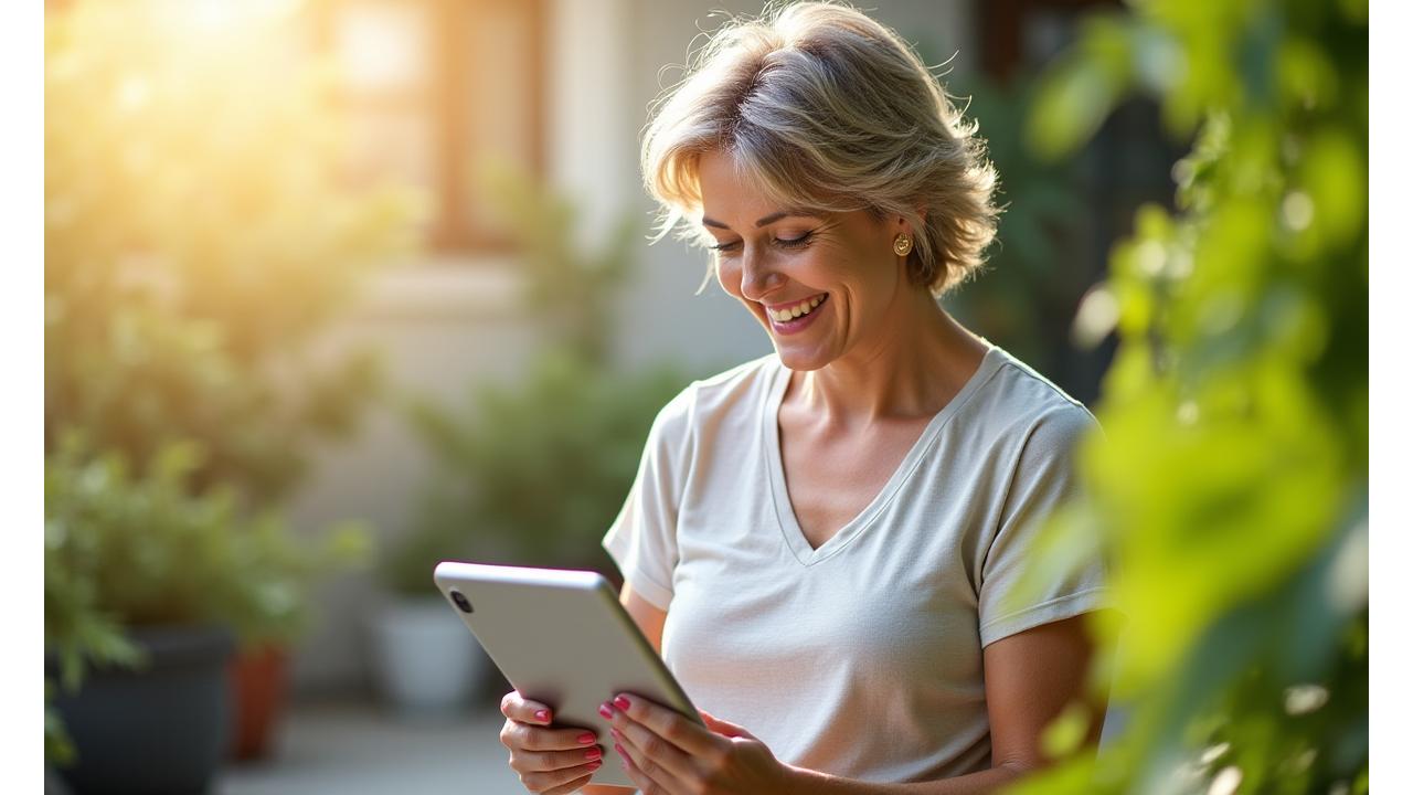 Mujer sonriendo mientras lee un artículo sobre bienestar en una tablet, con naturaleza de fondo