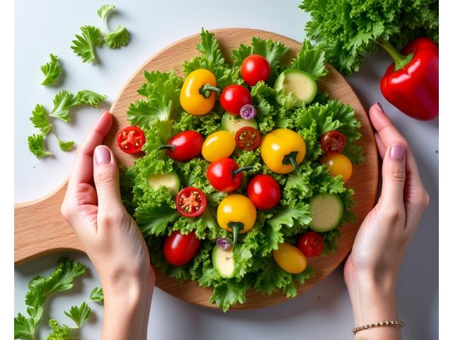Primer plano de manos preparando una comida saludable con vegetales frescos