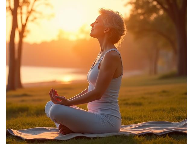 Persona de edad mediana practicando yoga al amanecer al aire libre