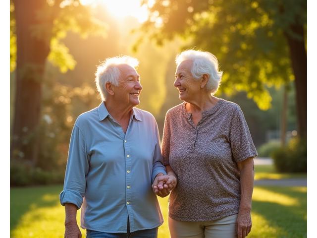 Pareja adulta mayor riendo y charlando durante un paseo por un parque, disfrutando del momento