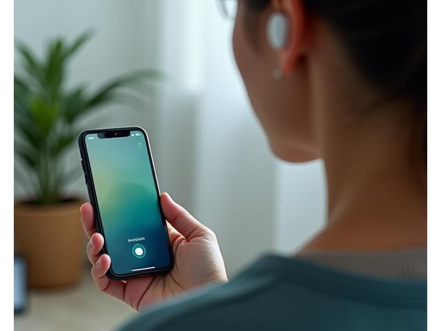 Persona usando una aplicación de meditación en su smartphone, con auriculares
