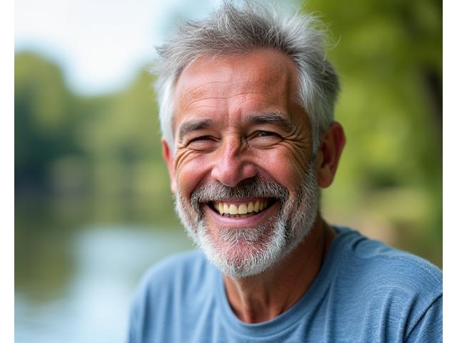 Un hombre de cincuenta años con una sonrisa al aire libre, disfrutando de un paisaje verde