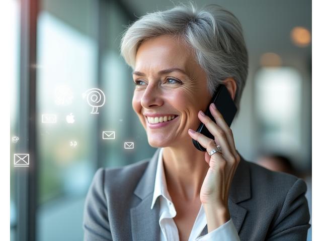 Mujer sonriente de 40s hablando por teléfono con un icono de chat flotando, simbolizando múltiples formas de contacto.