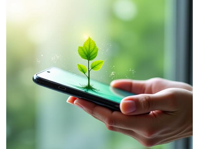 Mano sosteniendo un teléfono con un icono de un árbol creciendo, simbolizando la desconexión consciente