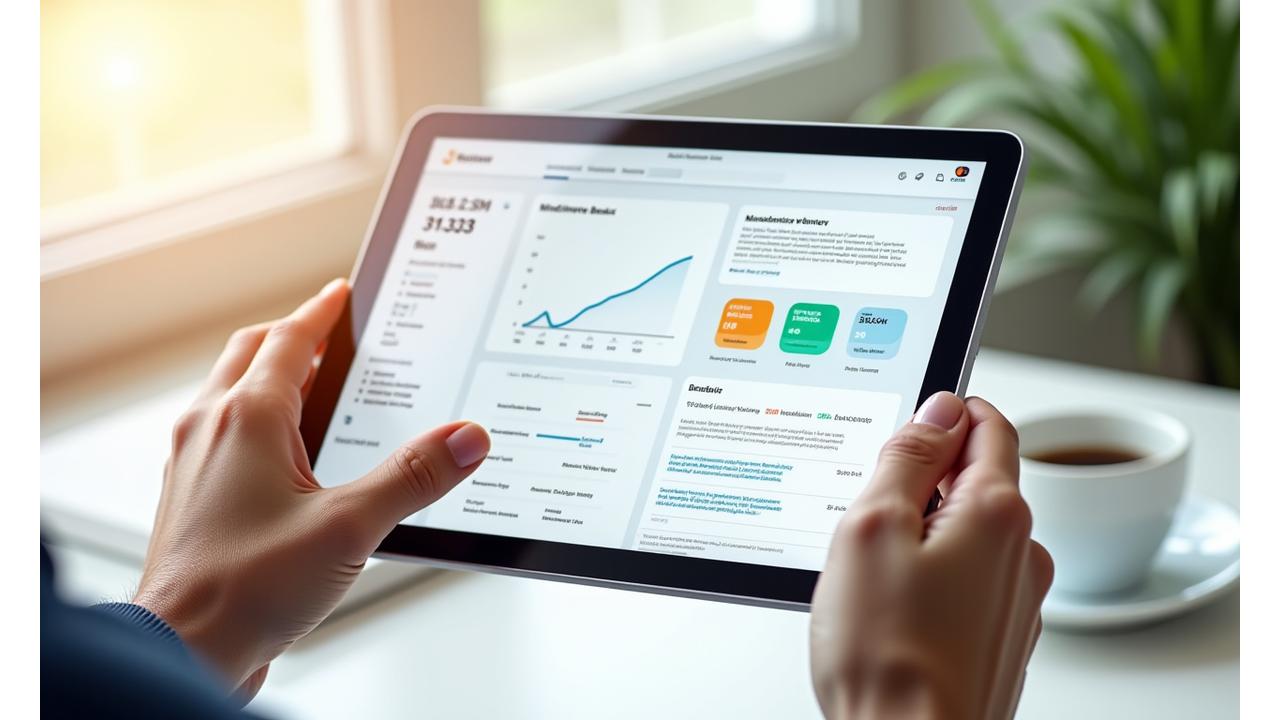 Dashboard personalizado en una tableta mostrando gráficos de progreso y un calendario con actividades de mindfulness