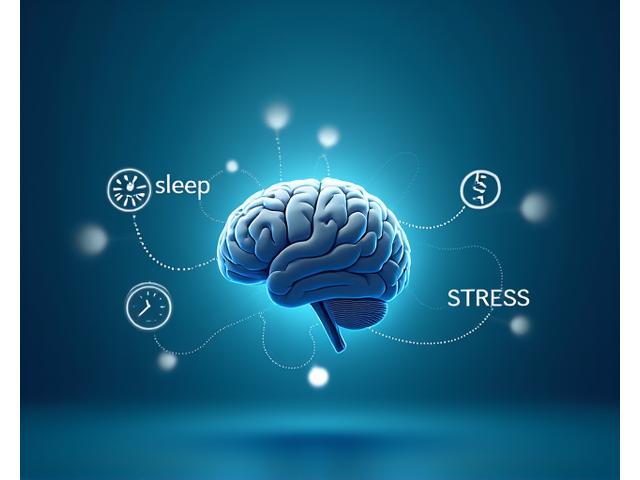 Cerebro ilustrado conectado a un reloj de sueño y símbolos de estrés, mostrando el ciclo interconectado