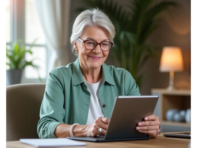 Mujer mayor sonriendo con iPad, consultando online a un experto de Senda Plena, que representa la facilidad de uso del formulario de preguntas.