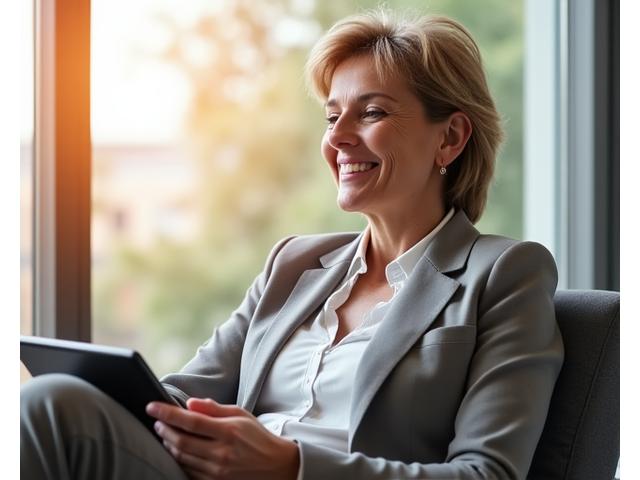 Ejecutiva sonriendo y relajada en una oficina moderna