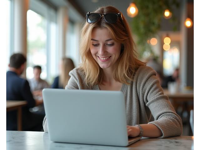 Freelancer sonriendo mientras trabaja desde un espacio de coworking digital