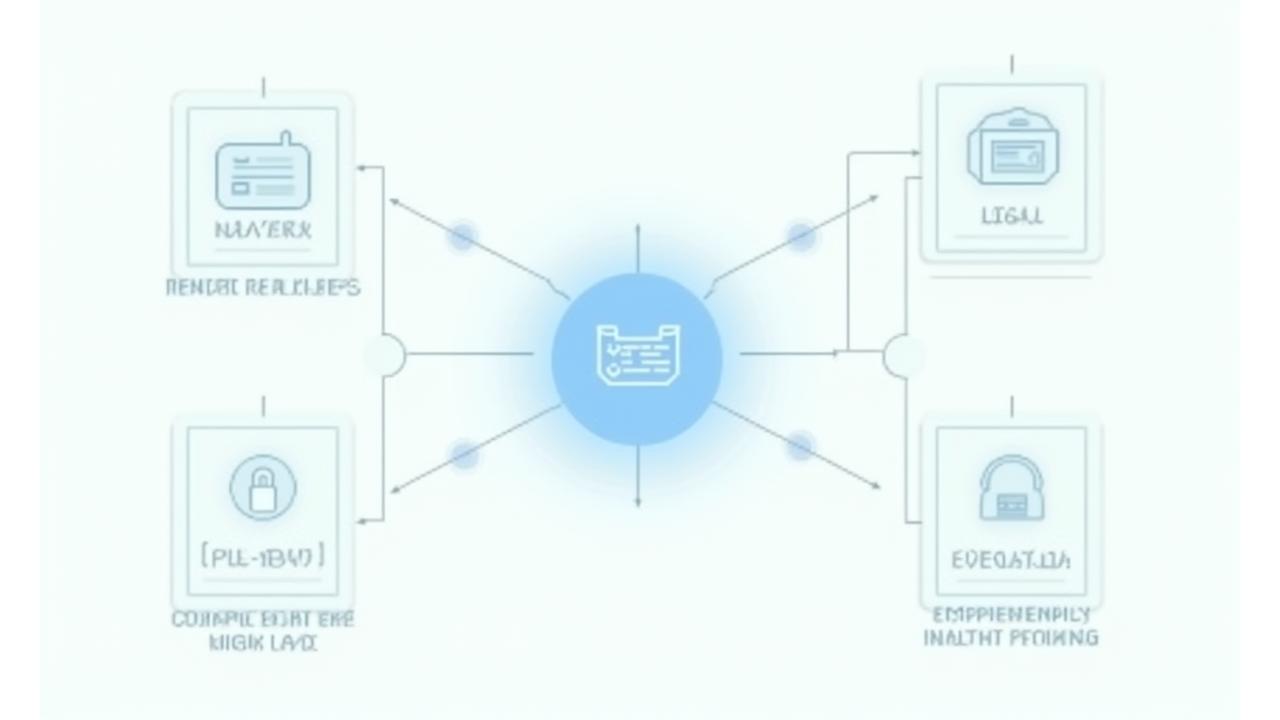 Gráfico de flujo con iconos que representan diferentes entidades como proveedores de servicios y profesionales de la salud, conectados por líneas segmentadas que simbolizan el intercambio de datos controlados y seguros, todo bajo una lupa de protección.