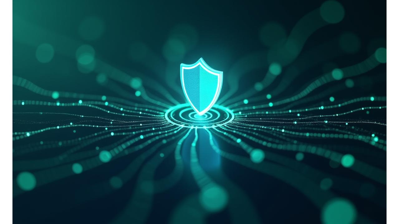 Representación visual de la confianza y la seguridad digital, mostrando datos fluyendo de manera segura a través de un ecosistema protegido con un escudo