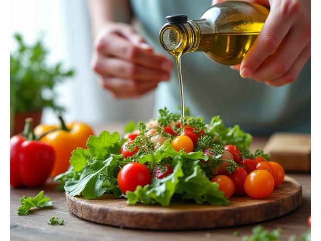 Persona preparando una ensalada saludable con aceite de oliva y verduras frescas, un plato recomendado para el control del colesterol.