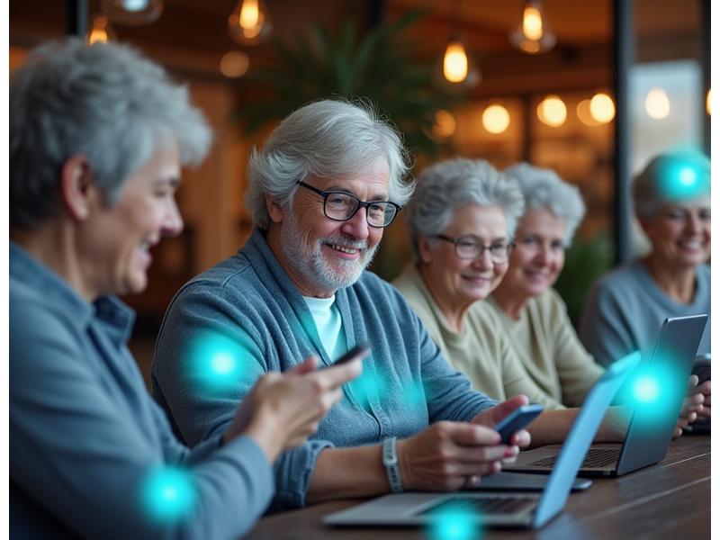 Un grupo diverso de personas de edad madura participando en un foro en línea desde sus dispositivos individuales, sonriendo e interactuando, simbolizando una comunidad de apoyo digital para enfermedades crónicas.