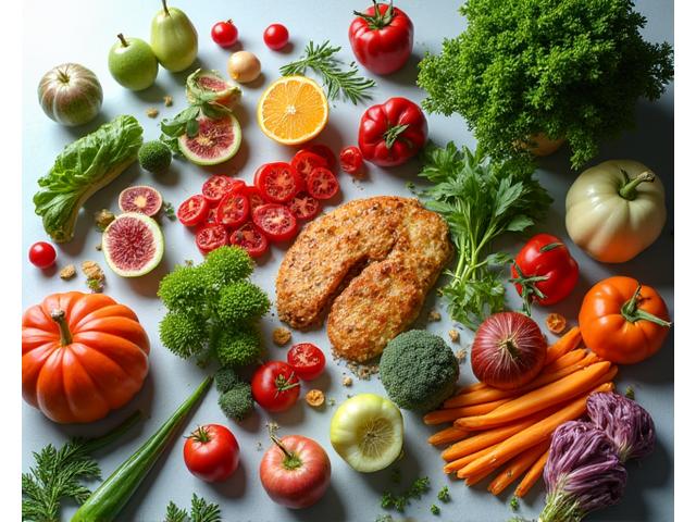 Un plato colorido y nutritivo siguiendo la dieta DASH, con frutas, verduras y granos enteros, preparado en una cocina moderna.