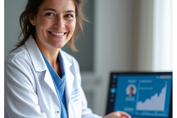 Un endocrinólogo sonriente realizando una consulta virtual a través de un ordenador, con un gráfico de niveles de glucosa en pantalla.