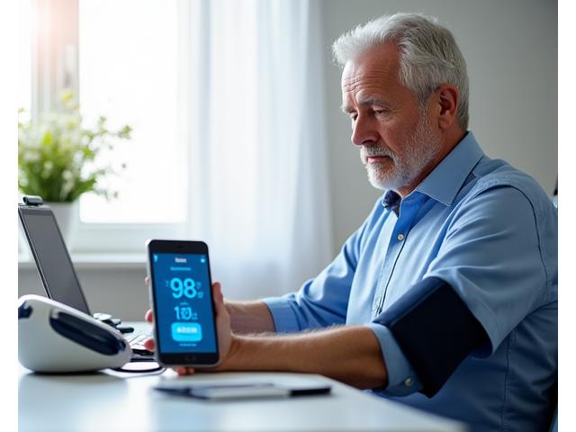 Hombre adulto midiendo su presión arterial con un tensiómetro inteligente conectado a su smartphone.