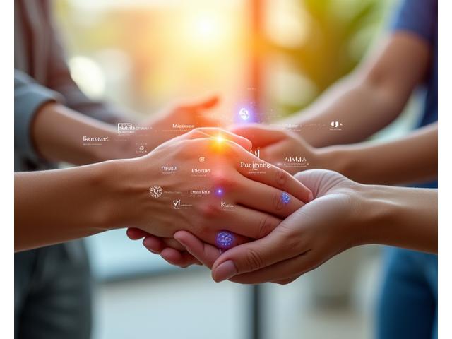 Varias manos unidas en un gesto de apoyo, con iconos médicos digitales flotando sobre ellas, representando la prevención digital colaborativa.
