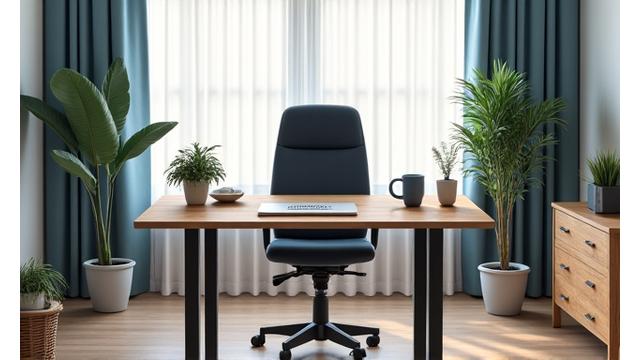 Setup de oficina ergonómico con silla y escritorio ajustables.
