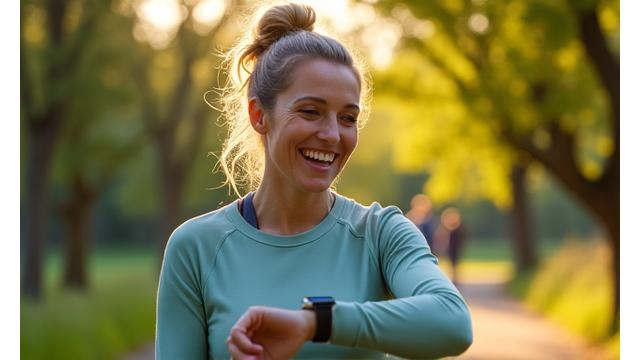 Mujer adulta activa usando un smartwatch durante una caminata.