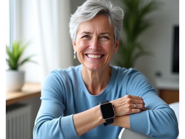Mujer adulta sonriente inspeccionando un smartwatch de salud en un entorno moderno y luminoso.