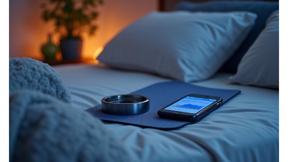 Dispositivos de tecnología del sueño: Oura Ring, manta de sueño y smartphone con app.